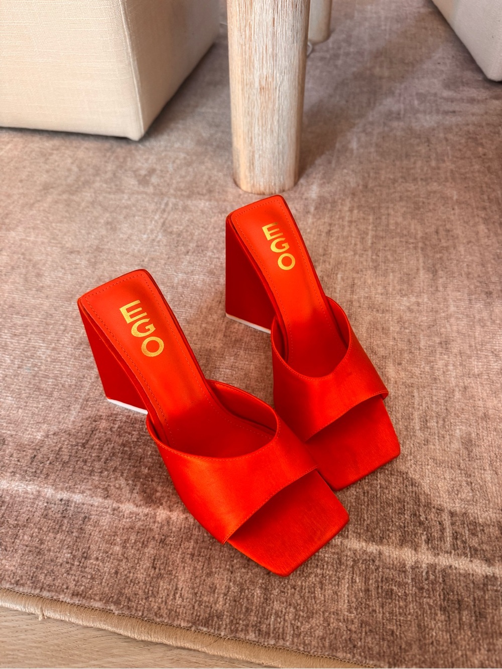 EGO Womenβs Bright Red Satin Square Toe Block Heel Mules